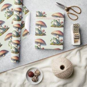 Frog Under a Mushroom Cute Nature Pattern Wrapping Paper