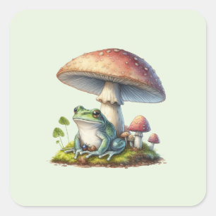 Frog Under a Mushroom Cute Nature Square Sticker