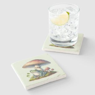 Frog Under a Mushroom Cute Nature Stone Coaster