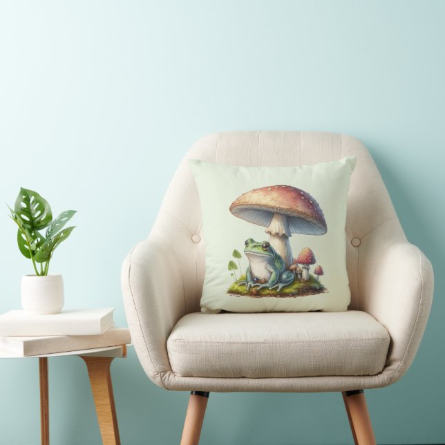 Frog Under a Mushroom Cute Nature Throw Pillow (Chair)