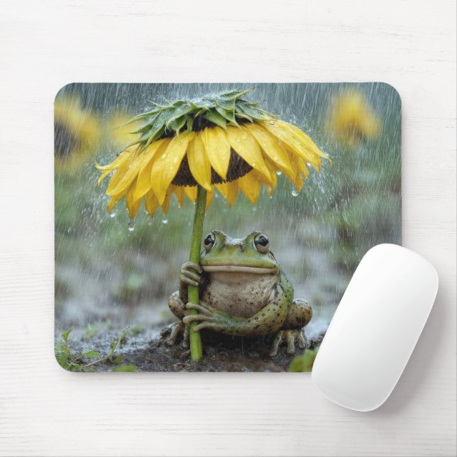 Frog Under a Sunflower Umbrella in Rain Mouse Pad (With Mouse)