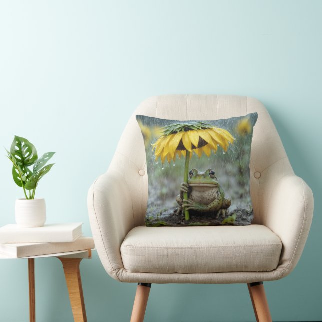 Frog Under a Sunflower Umbrella in Rain Throw Pillow (Chair)