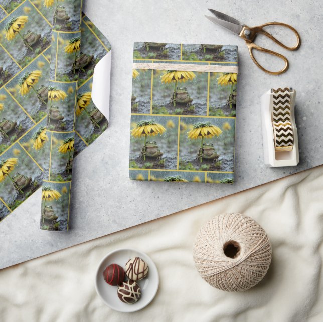 Frog Under a Sunflower Umbrella in Rain Wrapping Paper (Crafts)