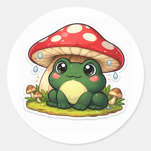 Frog Under An Oversized Mushroom Classic Round Sticker (Front)