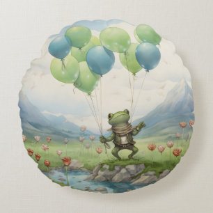Frog Valley Balloon and Flowers Round Pillow