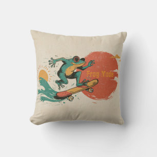 Frog Vibes – Retro Surf Skate Frog Art Throw Pillow