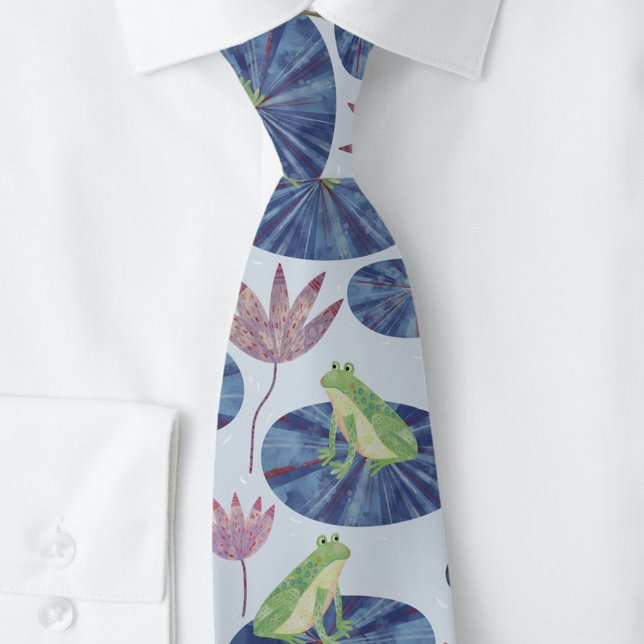 Frog Watercolor Blue Tie (Fun frog themed blue watercolor art neck tie)