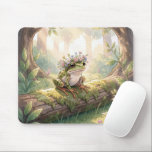 Frog Wearing a Floral Crown In Forest Mouse Pad<br><div class="desc">A whimsical frog adorned with a delicate flower crown sits atop a moss-covered log,  bathed in serene sunlight filtering through the trees</div>