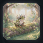 Frog Wearing a Floral Crown In Forest Paper Plate<br><div class="desc">A whimsical frog adorned with a delicate flower crown sits atop a moss-covered log,  bathed in serene sunlight filtering through the trees</div>