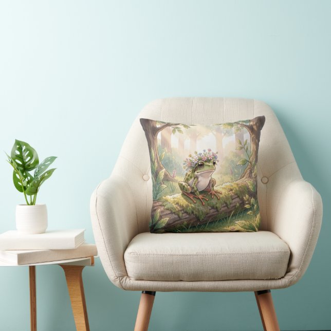 Frog Wearing a Floral Crown In Forest Throw Pillow (Chair)