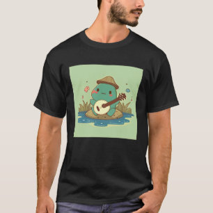 Frog wearing cute hat playing banjo in pond with b T-Shirt