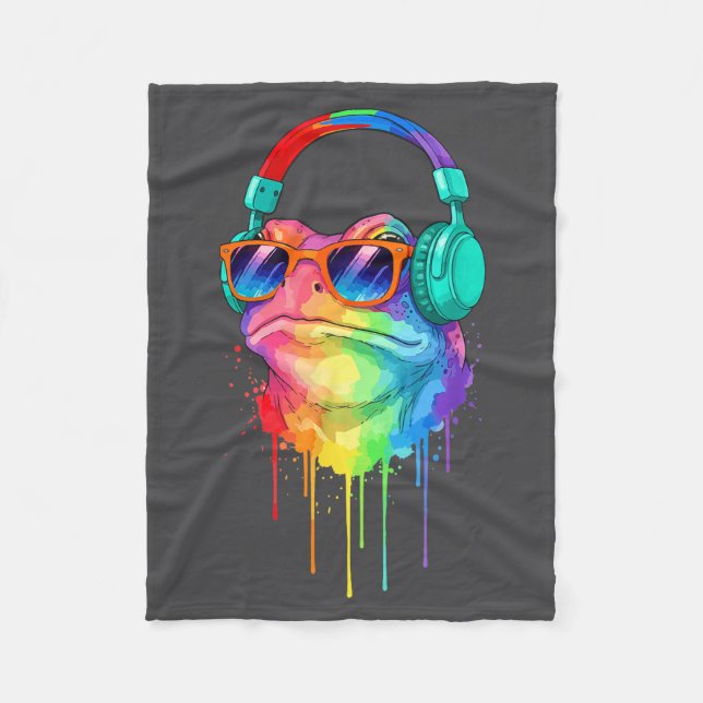 Frog Wearing Headphones And Sungles Edm Rave Desig Fleece Blanket (Front)