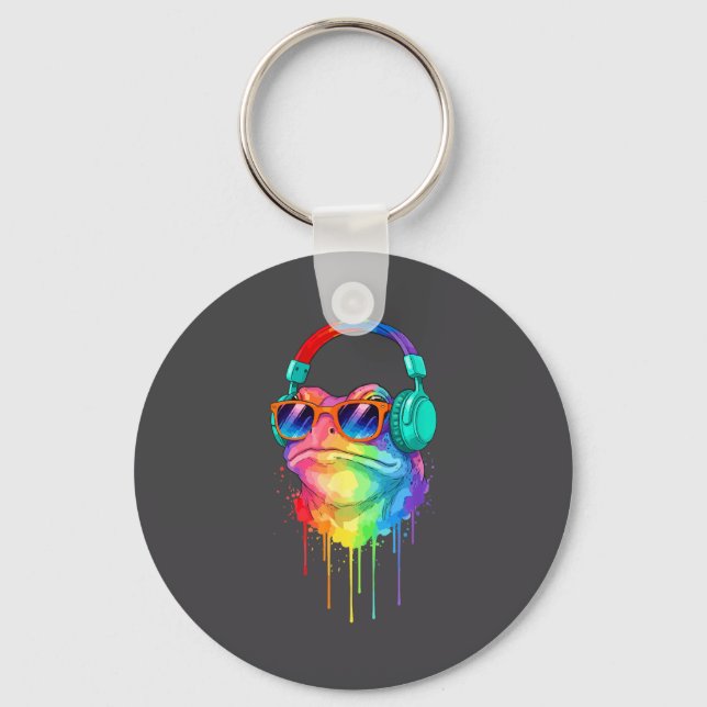 Frog Wearing Headphones And Sungles Edm Rave Desig Keychain (Front)