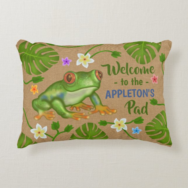 Frog Welcome to Our Pad Tropical Personalized Name Accent Pillow (Front)