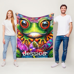Frog Whimsical Abstract Art Floral Personalized Fleece Blanket