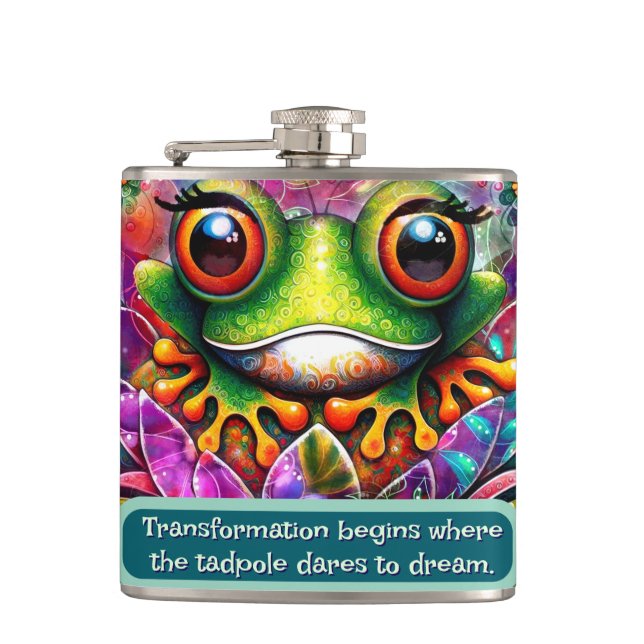 Frog Whimsical Abstract Art Floral Personalized Hip Flask (Front)