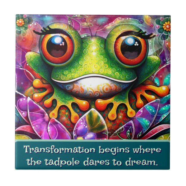 Frog Whimsical Abstract Art Floral Personalized Tile (Front)