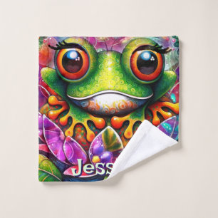 Frog Whimsical Abstract Art Floral Personalized Wash Cloth