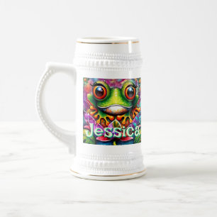 Frog Whimsical Abstract Floral Frogs Personalized Beer Stein