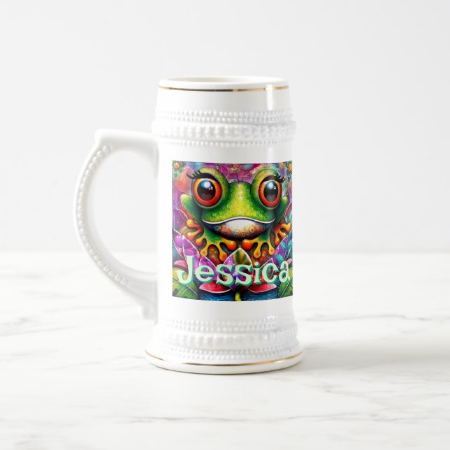 Frog Whimsical Abstract Floral Frogs Personalized Beer Stein (Left)