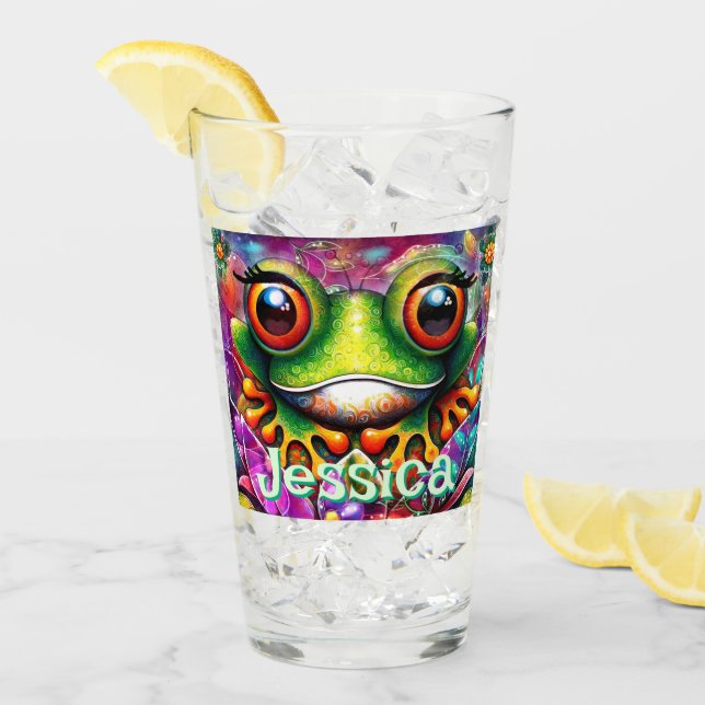 Frog Whimsical Abstract Floral Frogs Personalized Glass (Front Ice)