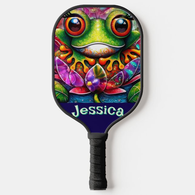 Frog Whimsical Abstract Floral Frogs Personalized Pickleball Paddle (Front)