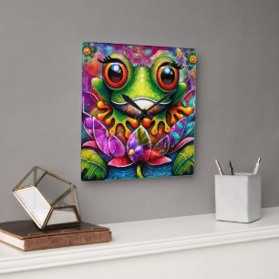Frog Whimsical Abstract Painting Art Floral Green Square Wall Clock