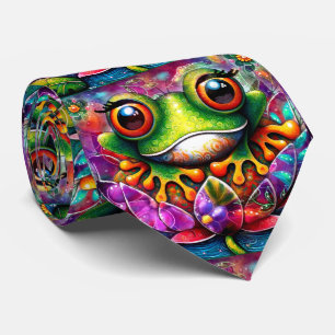 Frog Whimsical Abstract Painting Art Floral Green Tie