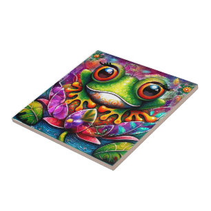 Frog Whimsical Abstract Painting Art Floral Green Tile