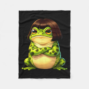 Frog with bob haircut funny quirky frog meme fleece blanket
