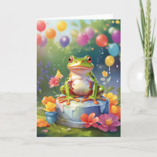 Frog with cake and balloons card