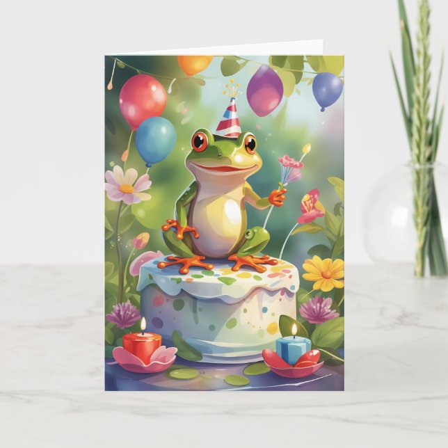 Frog with cake, candles and balloons card (Front)