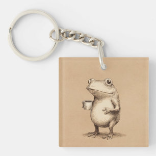 Frog with Coffee – Whimsical Vintage Animal Keychain