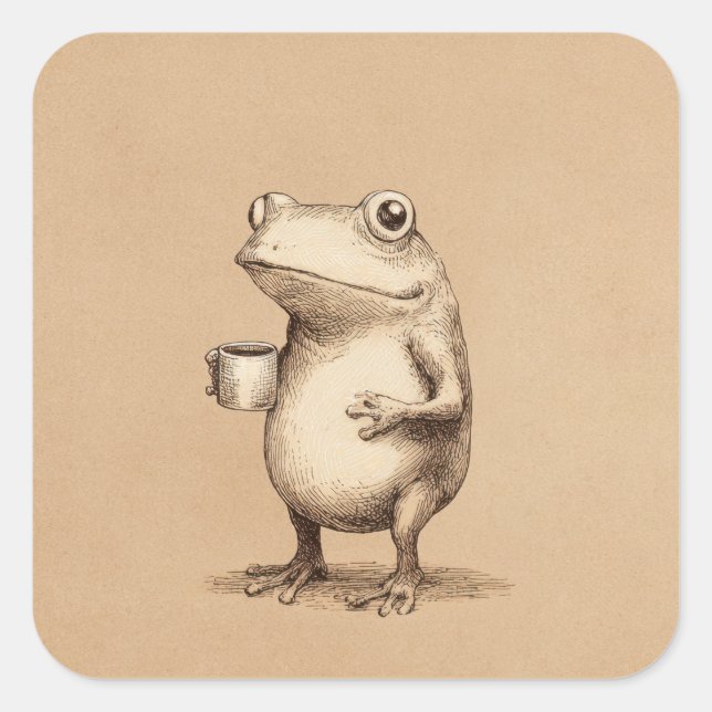 Frog with Coffee – Whimsical Vintage Animal Square Sticker (Front)