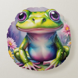 Frog With Flower Digital Art Round Pillow