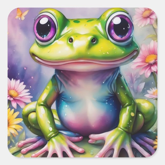 Frog With Flower Digital Art Square Sticker (Front)
