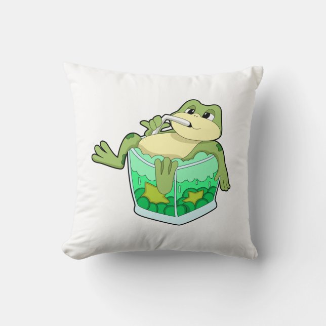 Frog with Glass of Juice Throw Pillow (Front)