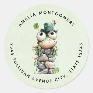 Frog with Green Hat and Shamrock Cute - Address Classic Round Sticker