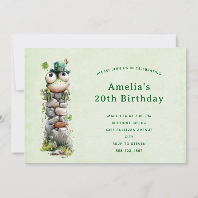 Frog with Green Hat and Shamrock Cute Birthday Invitation (Front)
