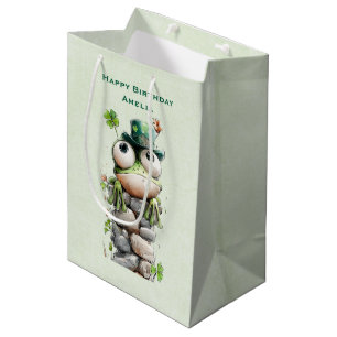 Frog with Green Hat and Shamrock Cute Birthday Medium Gift Bag