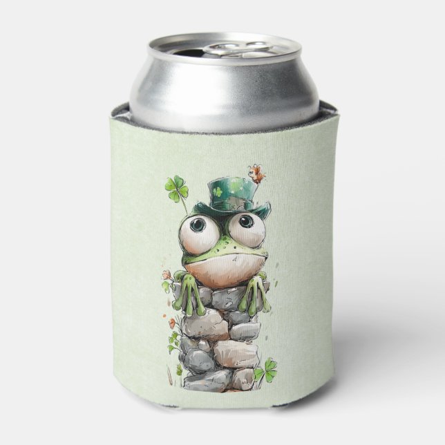 Frog with Green Hat and Shamrock Cute Can Cooler (Can Front)