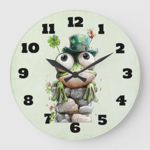 Frog with Green Hat and Shamrock Cute Large Clock