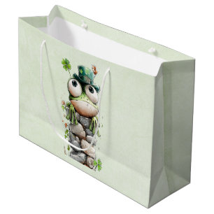 Frog with Green Hat and Shamrock Cute Large Gift Bag