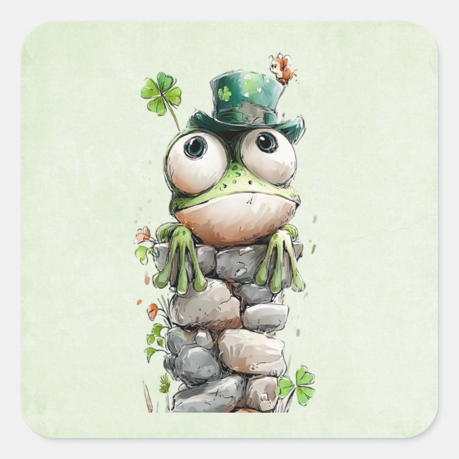 Frog with Green Hat and Shamrock Cute Square Sticker (Front)