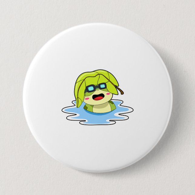 Frog with Leaf at Swimming 3 Inch Round Button (Front)