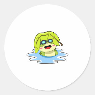 Frog with Leaf at Swimming Classic Round Sticker