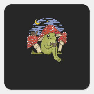 Frog With Mushroom Hat - Cottagecore Goblincore Bo Square Sticker