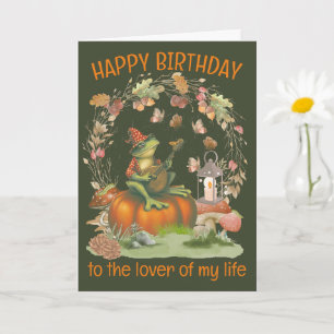 Frog with mushroom hat singing Happy Birthday Card