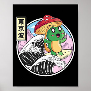 Frog With Mushroom Surfing Japanese Wave Kawaii Co Poster