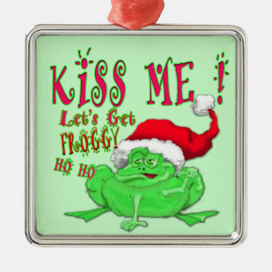 Frog with santa hat saying Kiss Me Metal Ornament
